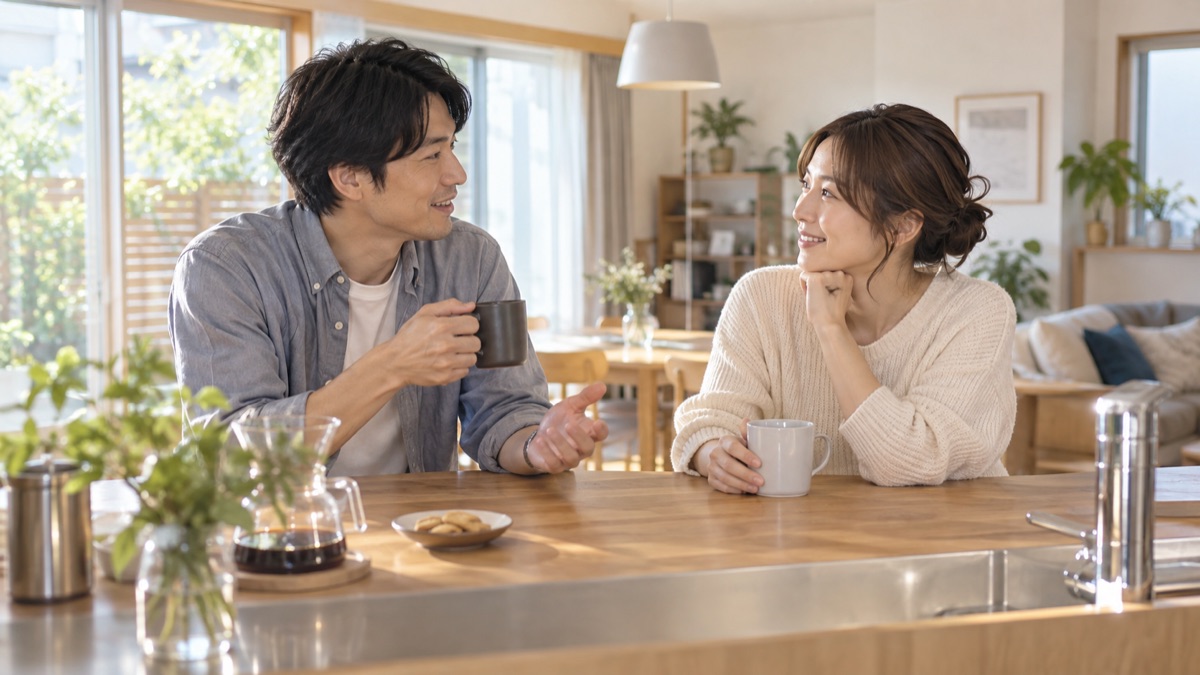 朝のキッチンで、コーヒーを手に穏やかに話し合う夫婦