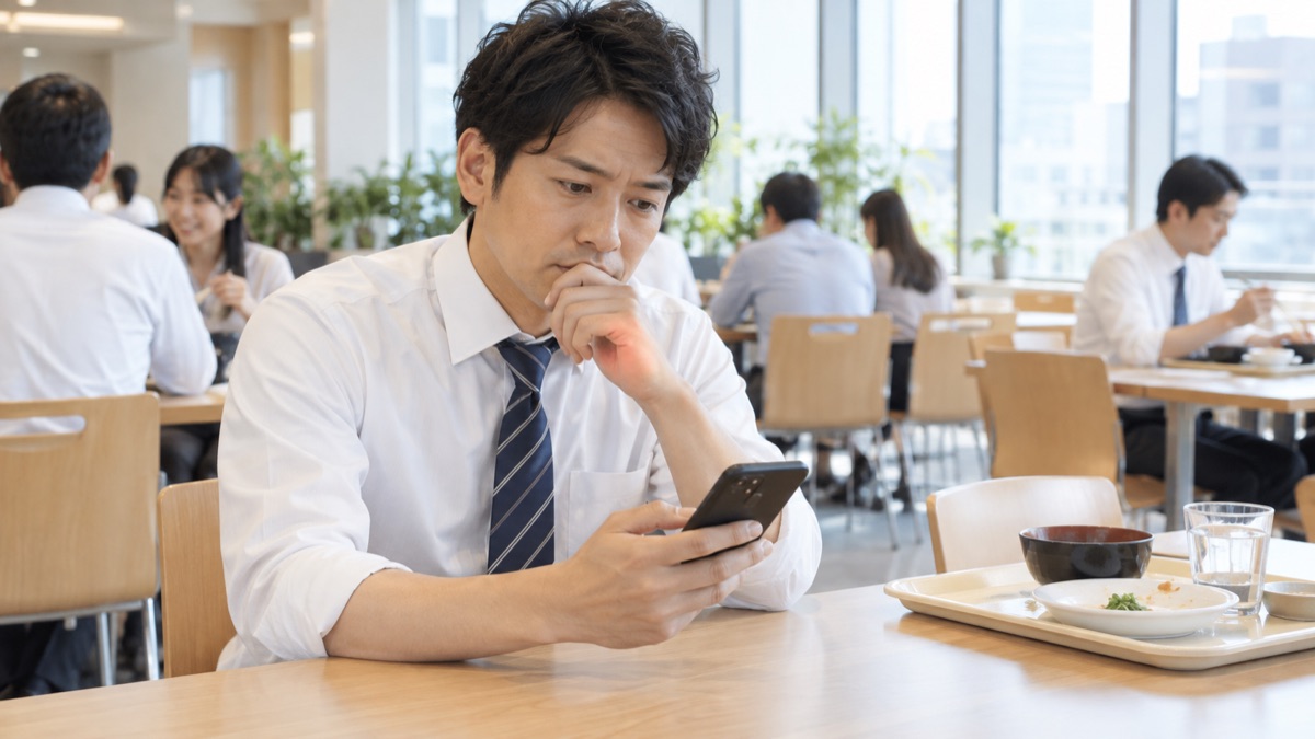 社員食堂で、スマートフォンを見ながら本選びを考える男性会社員