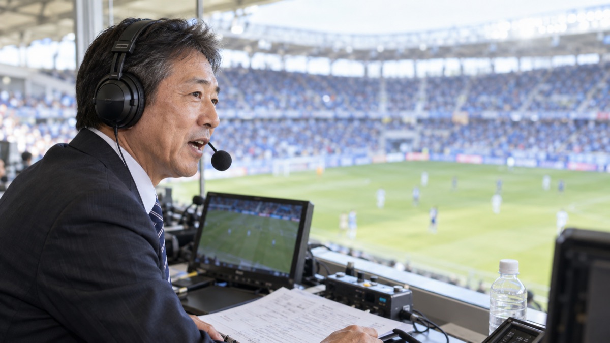 スタジアムの放送席で、ヘッドセットをつけて実況するアナウンサー