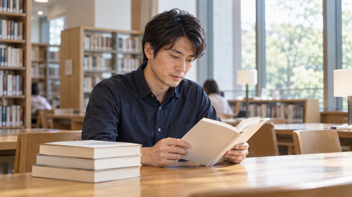 図書館の机で、積んだ本の中から1冊を開いて読む男性