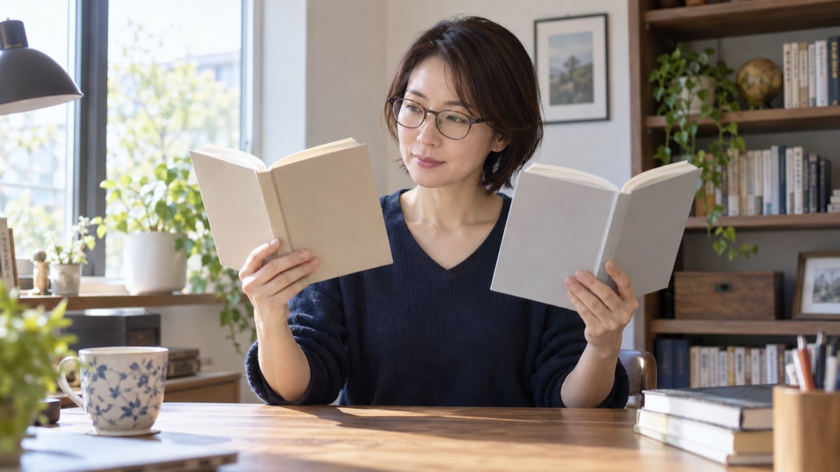 書斎の机で、2冊の本を開いて見比べる女性