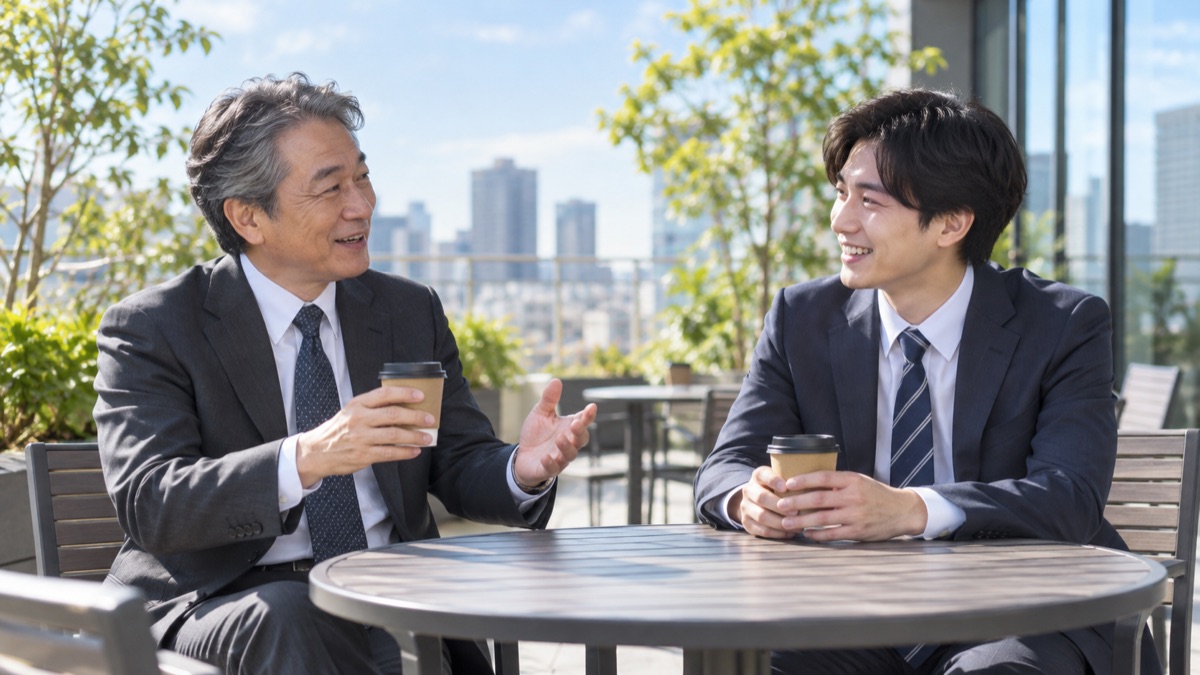 会社の屋外テラスで、コーヒーを手に話す先輩と後輩