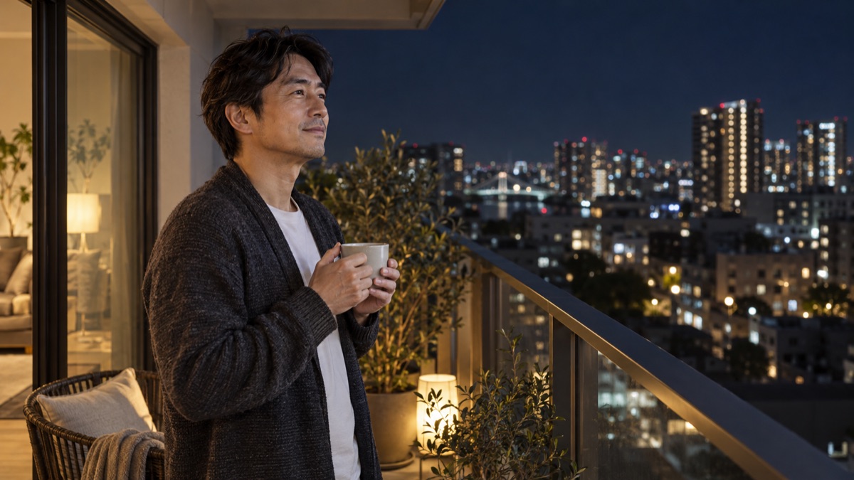 夜のベランダで、温かい飲み物を持ってひと息つく男性