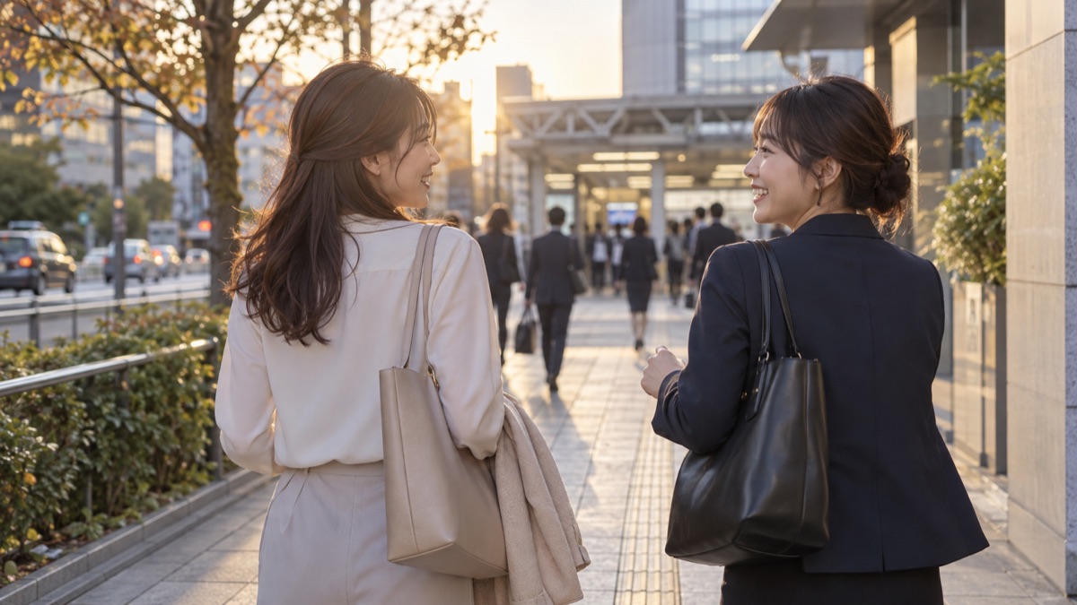 夕方の歩道で、並んで歩きながら話す同僚の女性2人