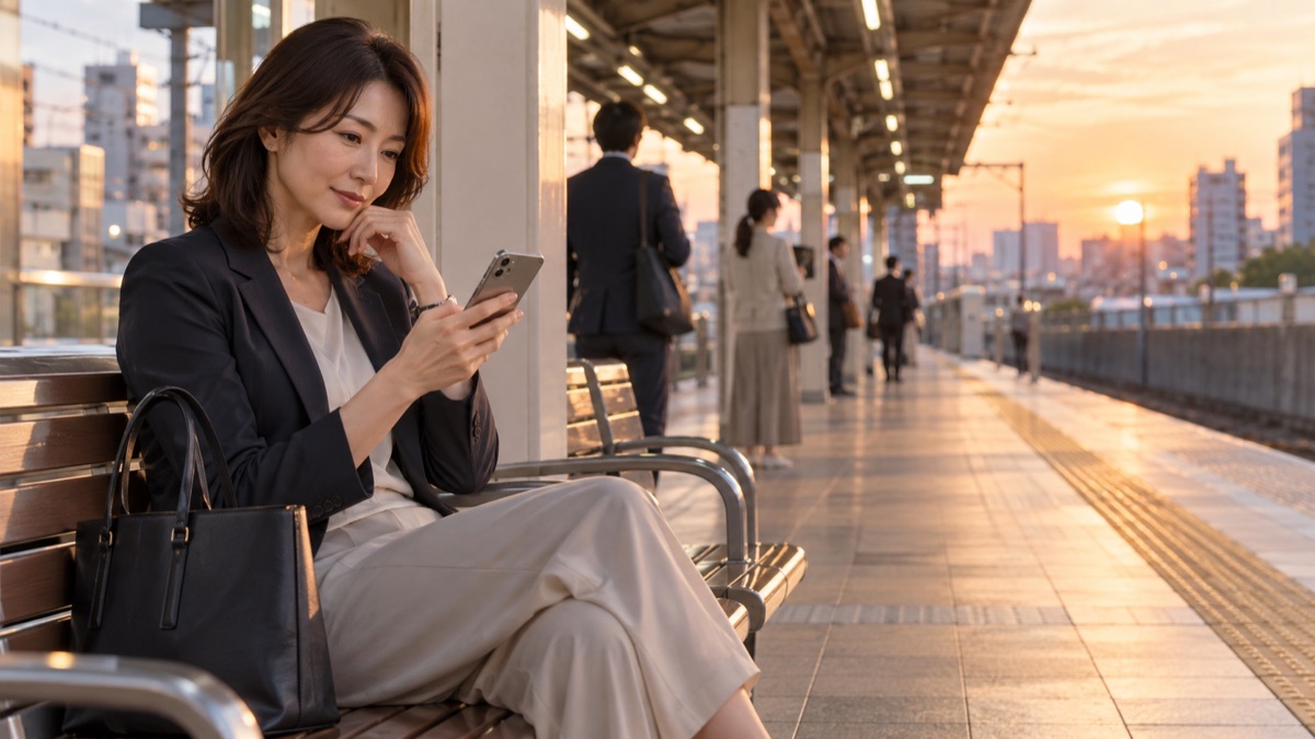 夕方の駅のホームで、今日の言い方をスマートフォンのメモで振り返る女性会社員