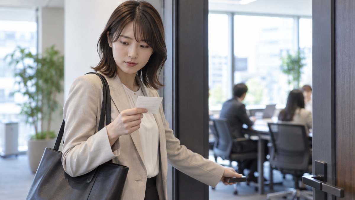 会議室に入る前に、手元のメモを見る女性社員