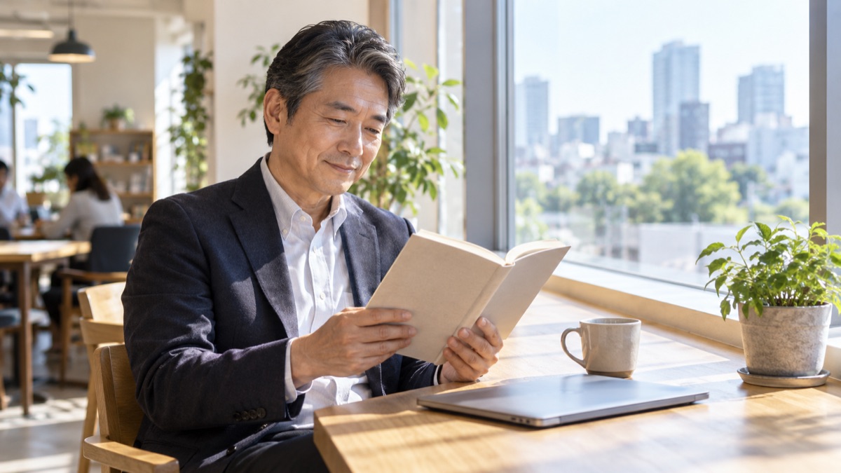 コワーキングスペースで、パソコンを閉じて1冊の本を読む男性