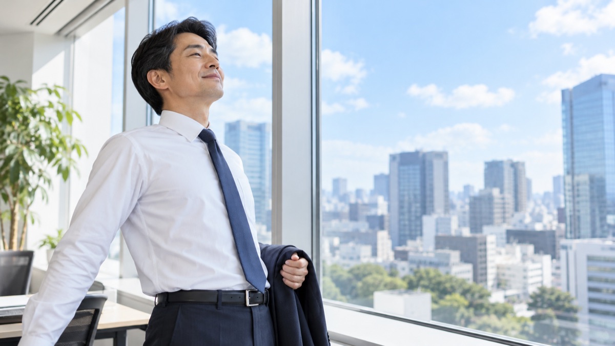 オフィスの窓際で、深呼吸して肩の力を抜く男性管理職