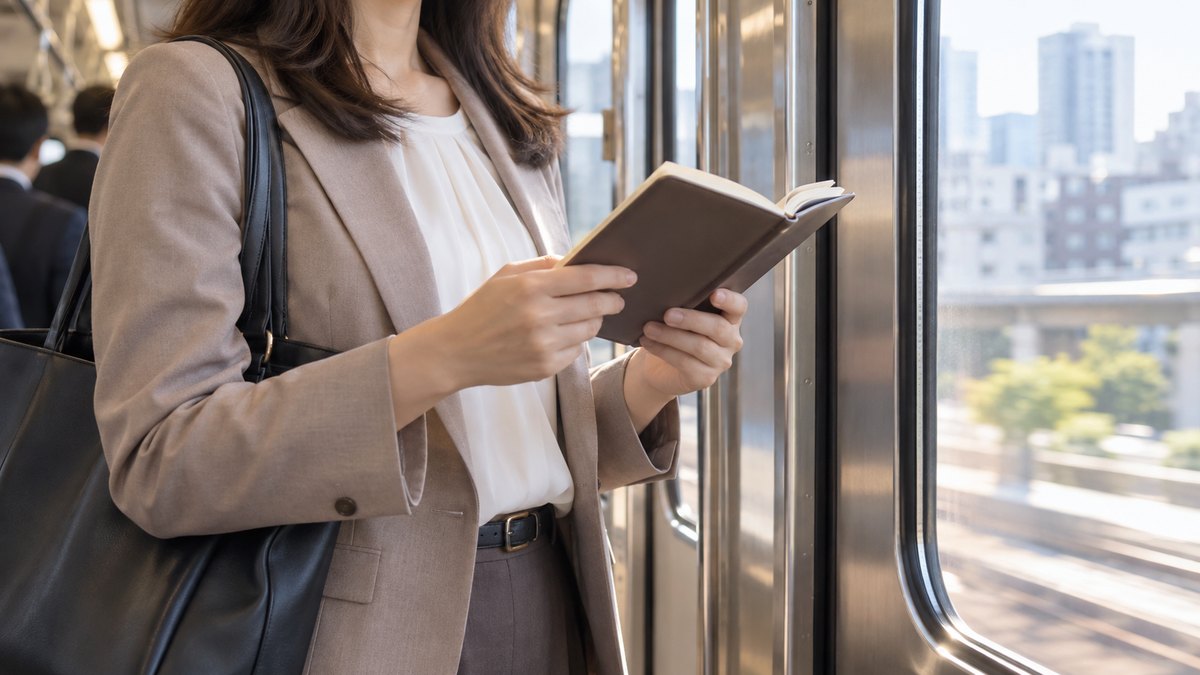 朝、通勤電車のドアの横に立ち、つり革を持たずに小さな手帳を開いて読んでいる30代の女性会社員の肩から下の近景。窓の外を街並みが流れる。顔は写らない。手帳と車内の文字は見えない