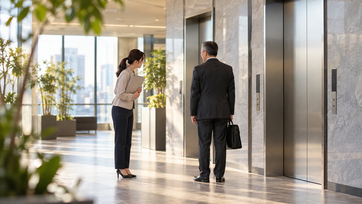 朝、オフィスビルのエレベーターホールで、30代の女性会社員が書類フォルダを胸に持ち、エレベーターを待つ50代の男性上司に軽く会釈して声をかけている遠景。顔ははっきり写らない。表示板や案内の文字は見えない