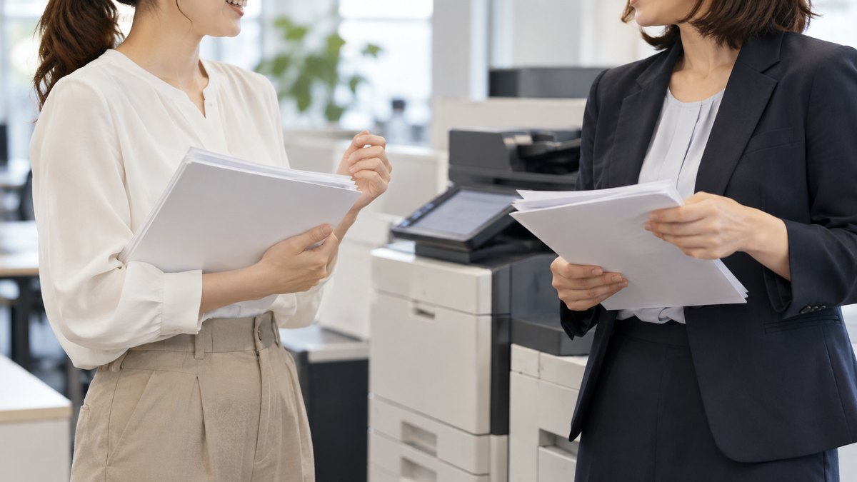 昼、オフィスの複合機の横で、30代の女性会社員と40代の女性の同僚が書類の束を手に、笑顔で短く立ち話をしている胸から下の近景。顔ははっきり写らない。書類と機械の画面の文字は見えない