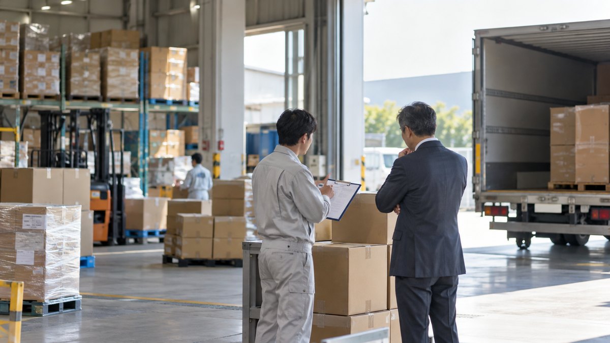 午後、物流倉庫の出荷台の前で、作業着の30代の男性スタッフが、スーツ姿の取引先の50代の男性と、段ボール箱を前にクリップボードを見ながら話している遠景。顔ははっきり写らない。箱と紙の文字は見えない
