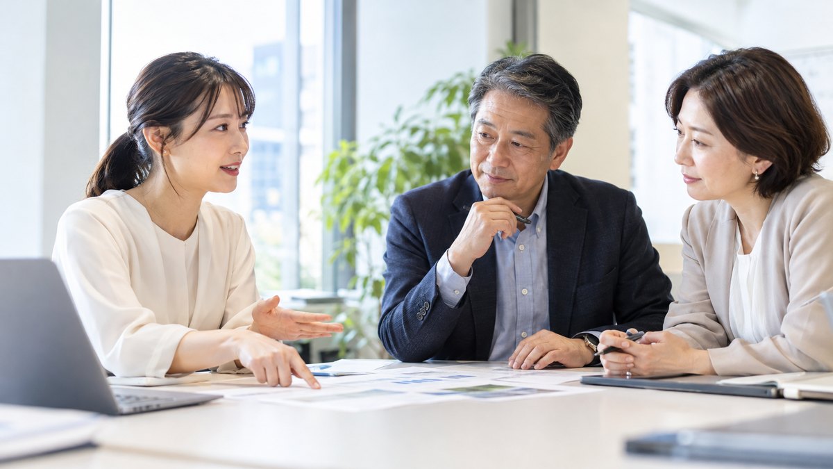 明るい会議室で上司と同僚に穏やかに意見を伝える女性会社員
