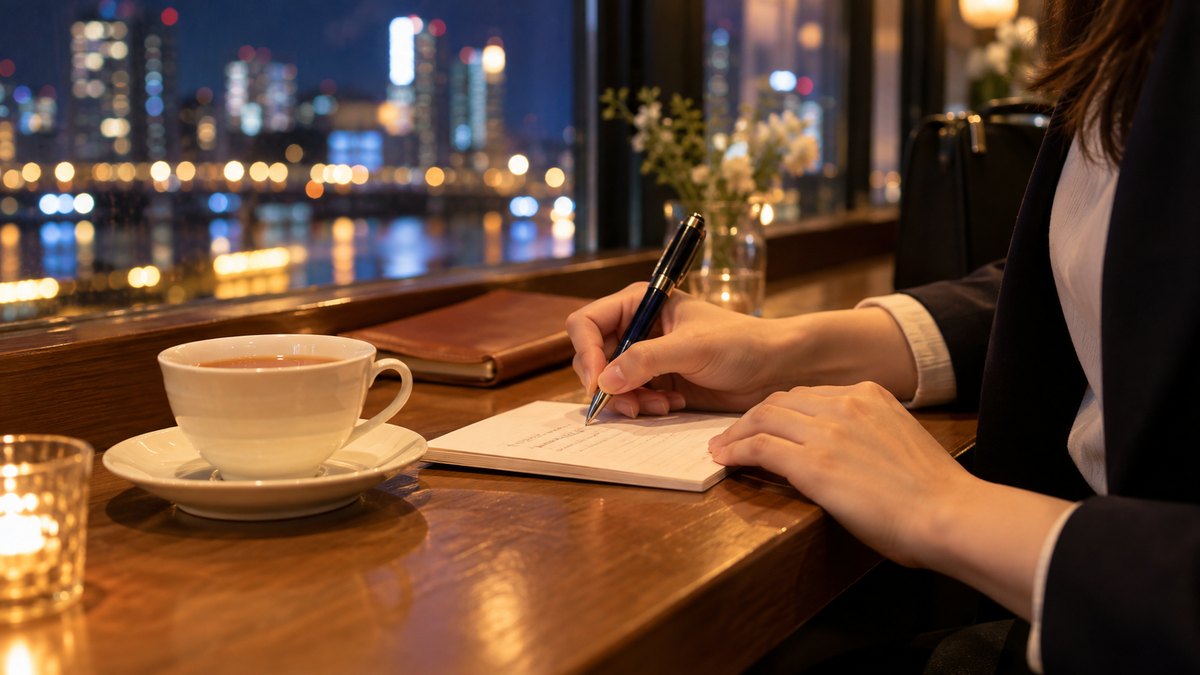 夜、カフェのカウンター席で、30代の女性会社員が白いメモ用紙にボールペンで短く書き込んでいる手元の近景。横に紅茶のカップ。窓の外に街の明かり。顔は写らない。メモの文字は読めない