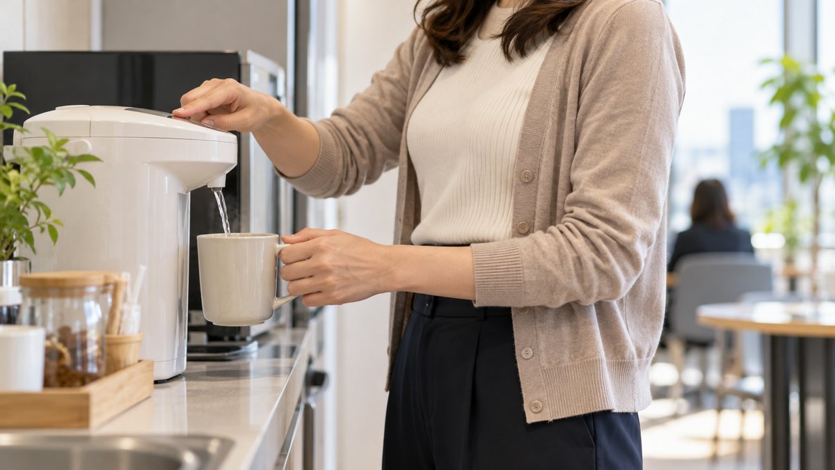 午後、オフィスの給湯室で、30代の女性会社員が電気ポットからマグカップにお湯を注ぎながら、ひと息ついている肩から下の近景。顔は写らない。文字は無い