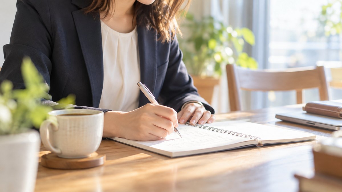 朝、自宅のダイニングテーブルで、出勤前の30代の女性会社員がコーヒーカップの横でノートを開き、ペンで何かを書き出している手元と肩の近景。窓から朝の光。顔ははっきり写らない。ノートの文字は読めない
