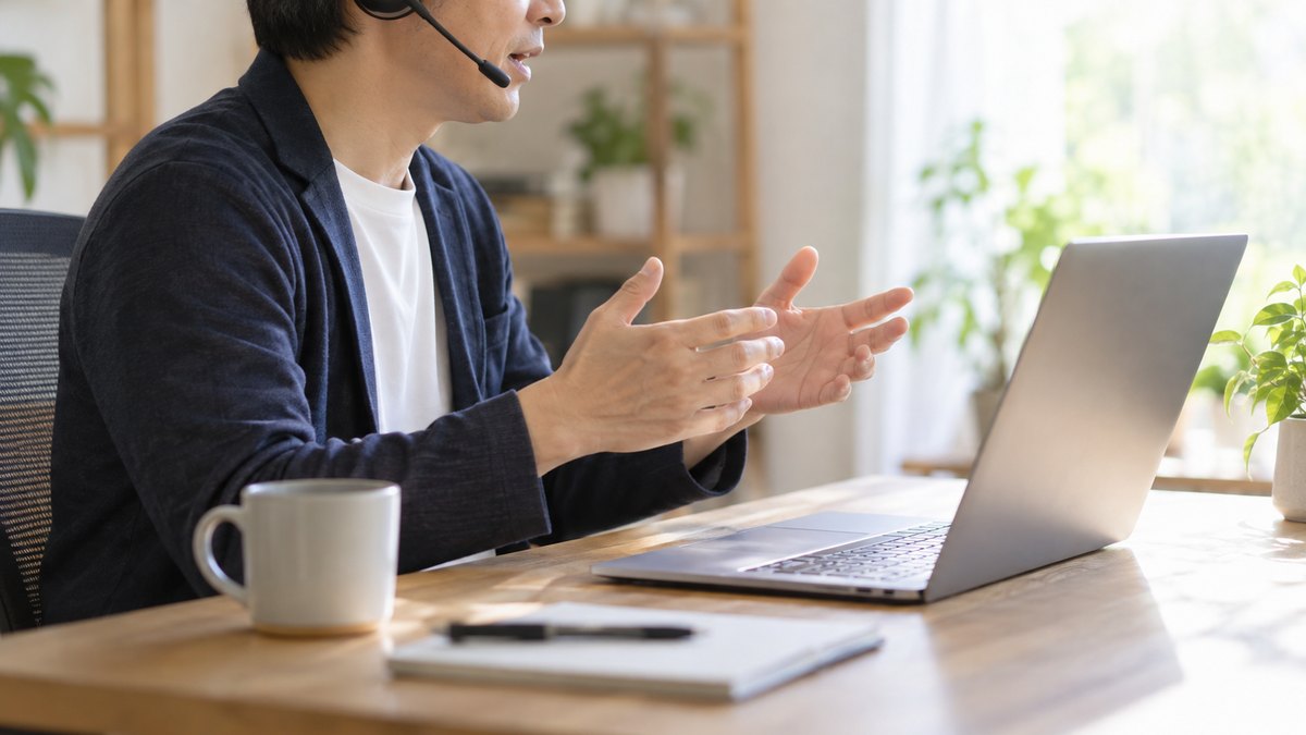 午前、在宅勤務の明るい部屋で、40代の男性会社員がヘッドセットをつけ、ノートパソコンに向かって手ぶりをまじえて穏やかに話している横からの近景。ノートパソコンの画面は見えない角度。顔ははっきり写らない。文字は無い