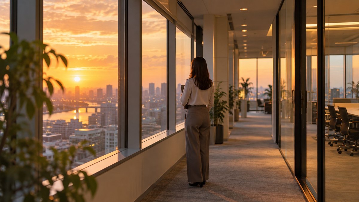 夕方、オフィスの廊下で、会議室から出てきた30代の女性会社員がノートを胸に抱え、窓の外の夕焼けを見て少し立ち止まっている後ろ姿の遠景。顔は写らない。文字は無い