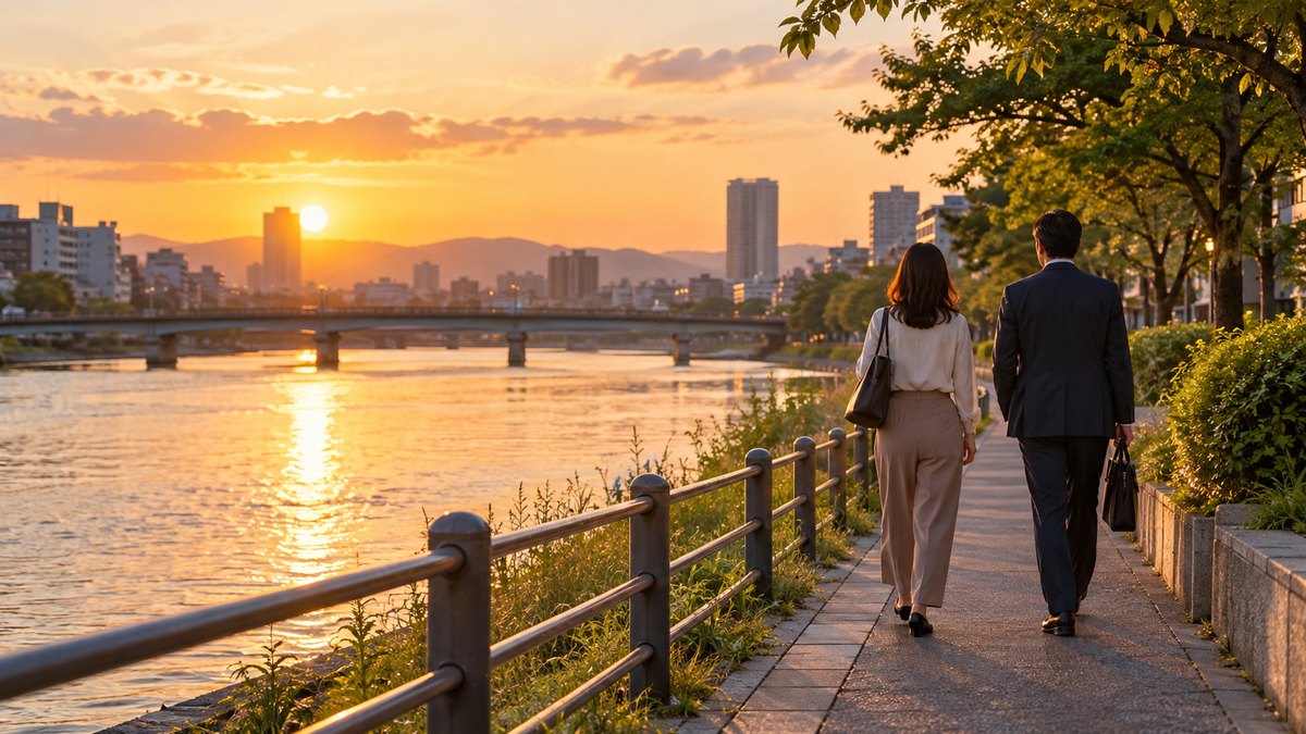 夕方、川沿いの遊歩道を、30代の女性会社員と40代の男性の同僚が並んでゆっくり歩いている後ろ姿の遠景。川面に夕日が映っている。顔は写らない。文字は無い