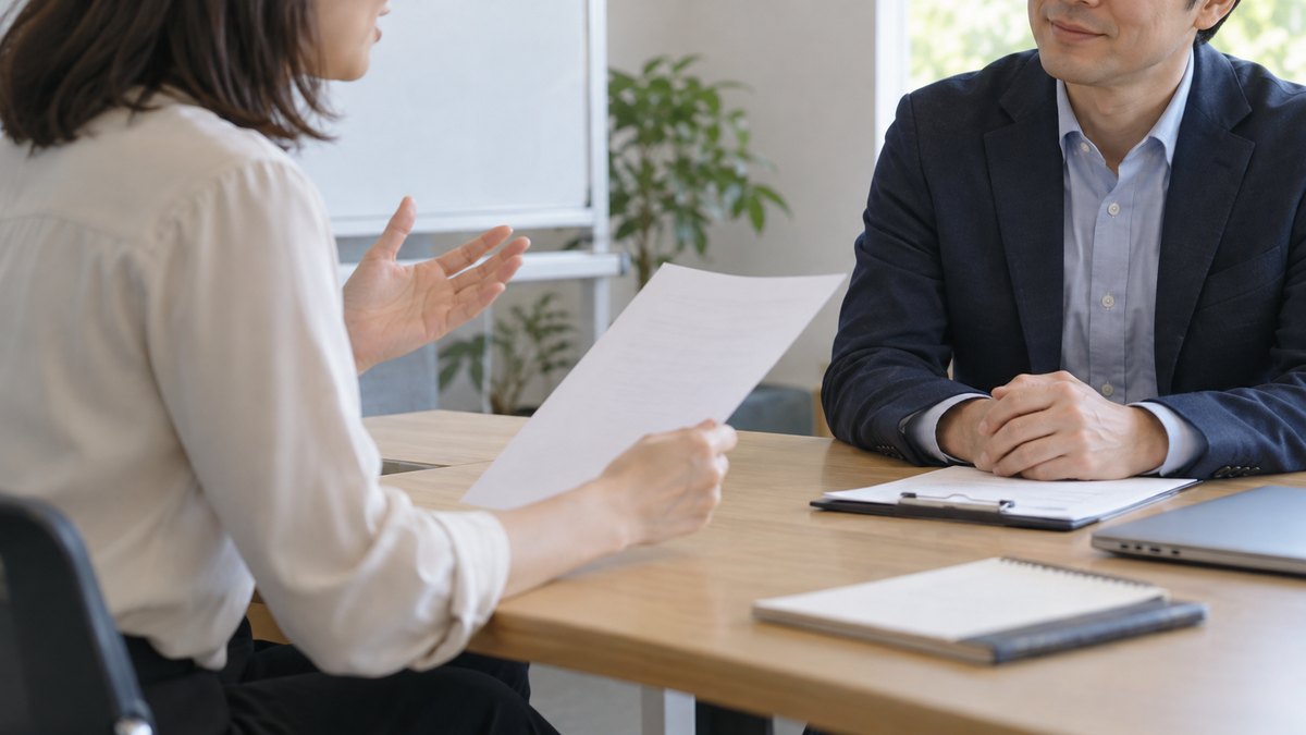 午後、研修室の小さな机で、30代から40代の会社員2人が向かい合って座り、片方が台本の紙を手に話す練習をし、もう片方が穏やかに聞いている近景。顔ははっきり写らない。紙とホワイトボードの文字は見えない