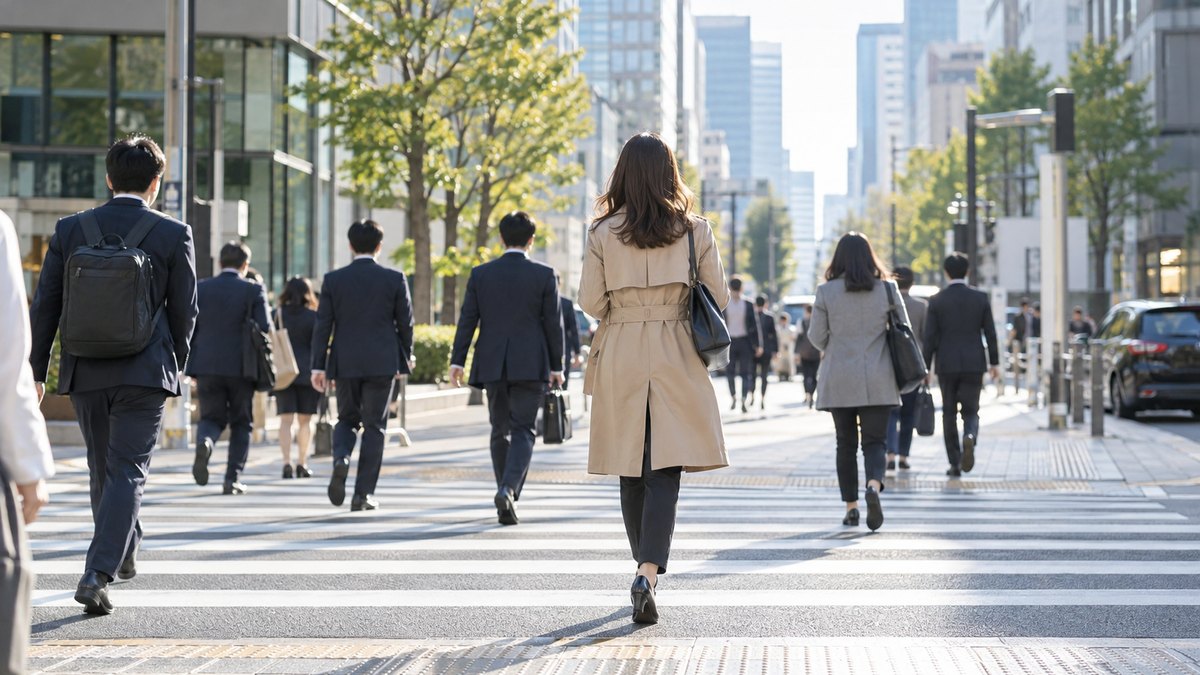 朝、オフィス街の横断歩道を渡る通勤の人たちの中で、ベージュのトレンチコートを着た30代の女性会社員が前を向いて歩いている後ろ姿の遠景。顔は写らない。看板や信号の文字は見えない