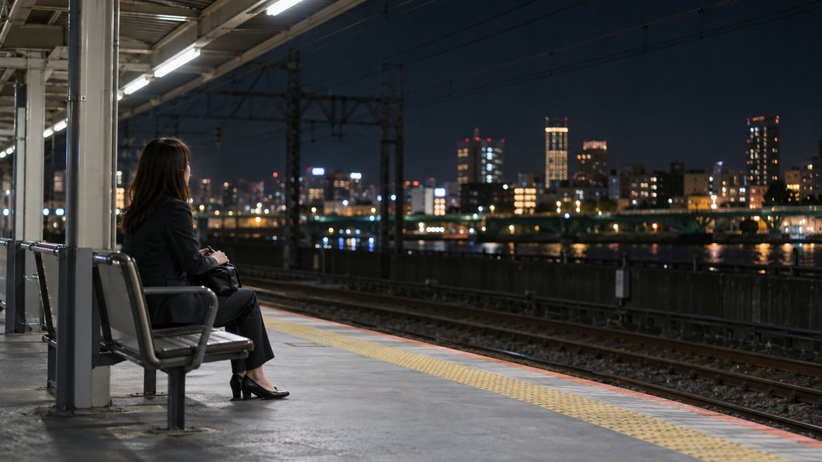夜、駅のホームのベンチに座り、膝の上にバッグを置いて、線路の向こうの街の明かりをぼんやり見ている30代の女性会社員の横からの遠景。顔ははっきり写らない。駅名や案内の文字は見えない