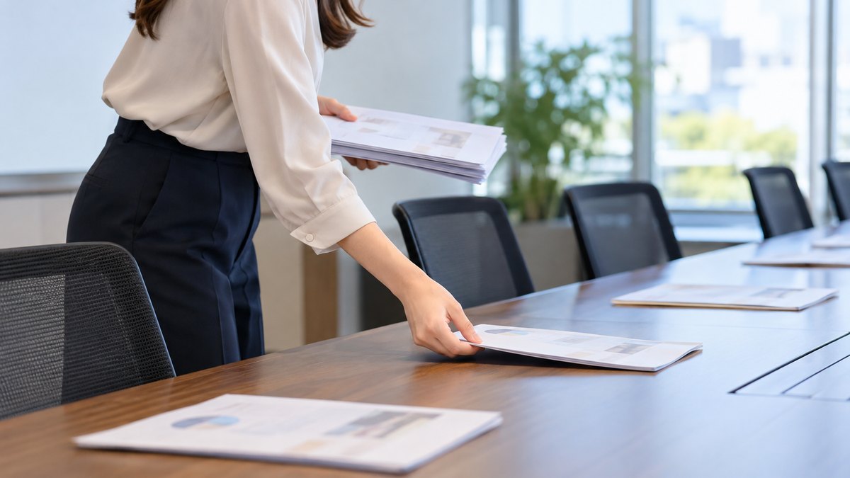 午後、会議の始まる前の誰もいない会議室で、30代の女性会社員が長机の各席に資料を1部ずつ配って置いている手元と肩の近景。椅子は空いている。資料の文字は読めない。顔は写らない