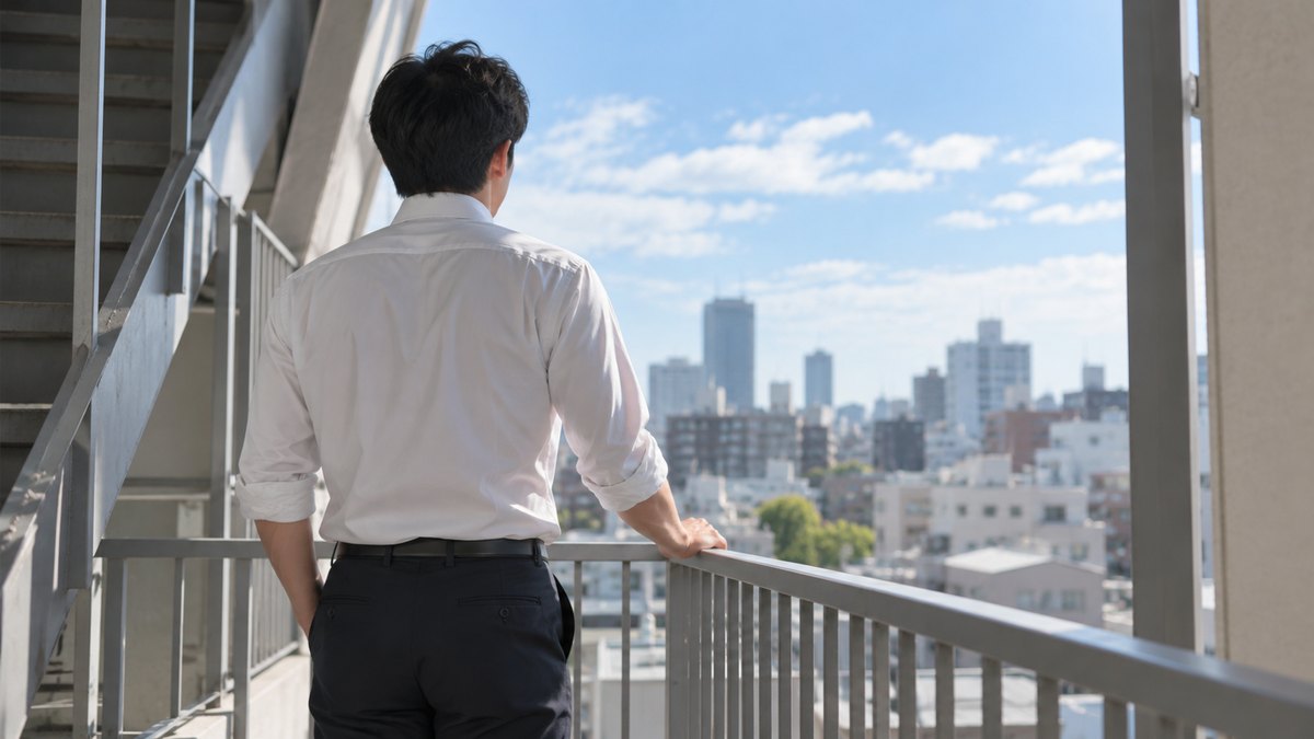 昼、会社の非常階段の踊り場で、ワイシャツ姿の30代の男性会社員が手すりに軽く手を置き、窓の外の空を見て立っている後ろ姿の近景。顔は写らない。文字は無い