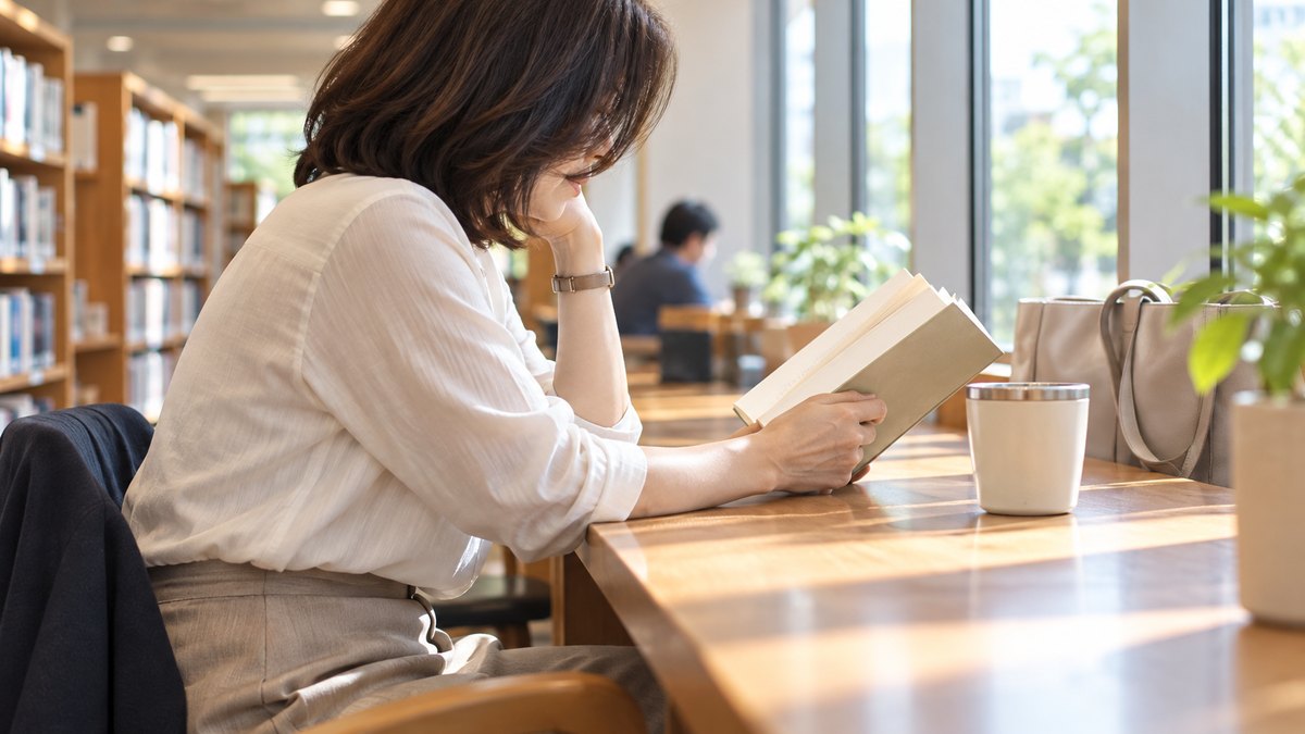 午後、明るい図書館の窓際の閲覧席で、40代の女性会社員がひじをついて本を読んでいる横からの近景。本の表紙と背表紙の文字は見えない。顔ははっきり写らない