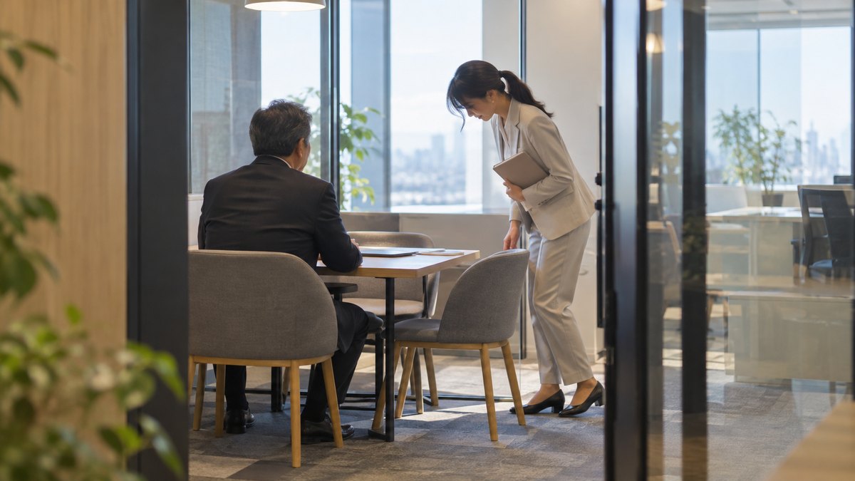朝、オフィスの小さな打ち合わせブースで、30代の女性会社員がノートを手に、先に座っている50代の男性上司に軽く頭を下げてから椅子に座ろうとしている遠景。顔ははっきり写らない。文字は無い