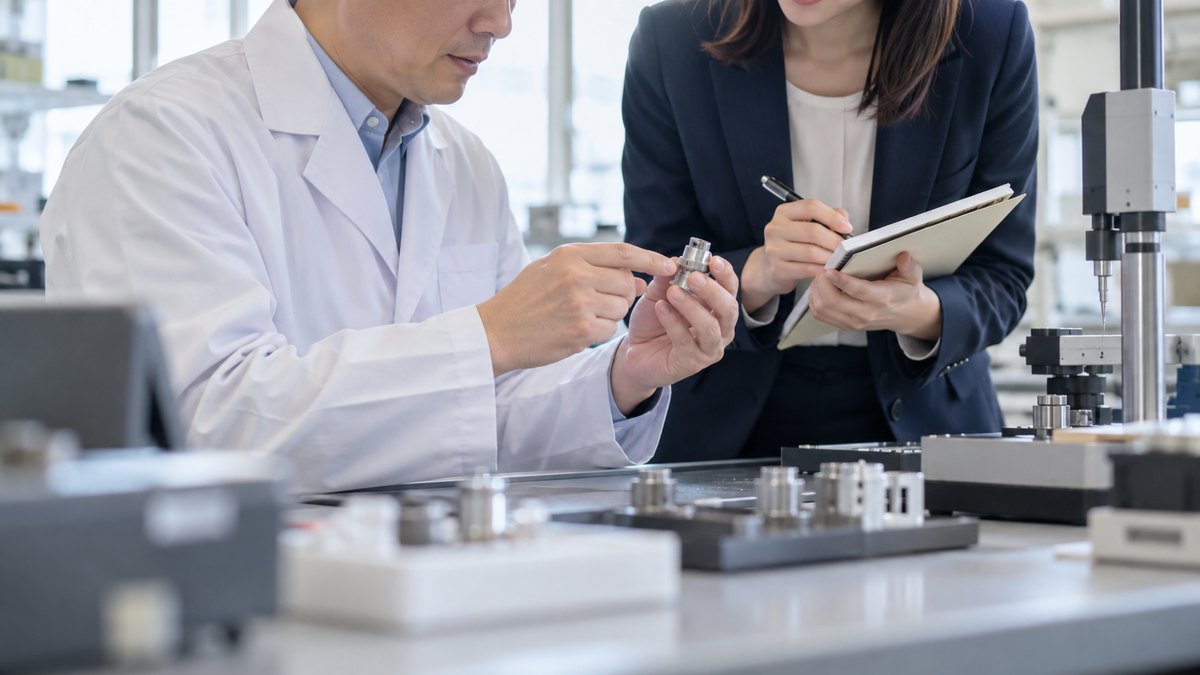 午後、明るい製品の検査室で、白衣を着た40代の男性技術者に、30代の女性会社員がメモ帳を手に立ったまま確認している近景。机の上に小さな部品と計測器。顔ははっきり写らない。メモや機器の文字は読めない
