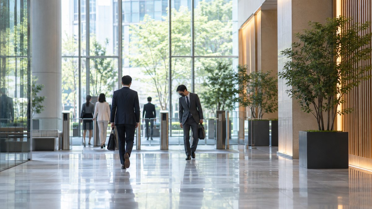 朝、会社のエントランスのゲートの手前で、30代の男性会社員が同じ職場の同僚に軽く会釈しながらすれ違う遠景。顔ははっきり写らない。表示や看板の文字は見えない