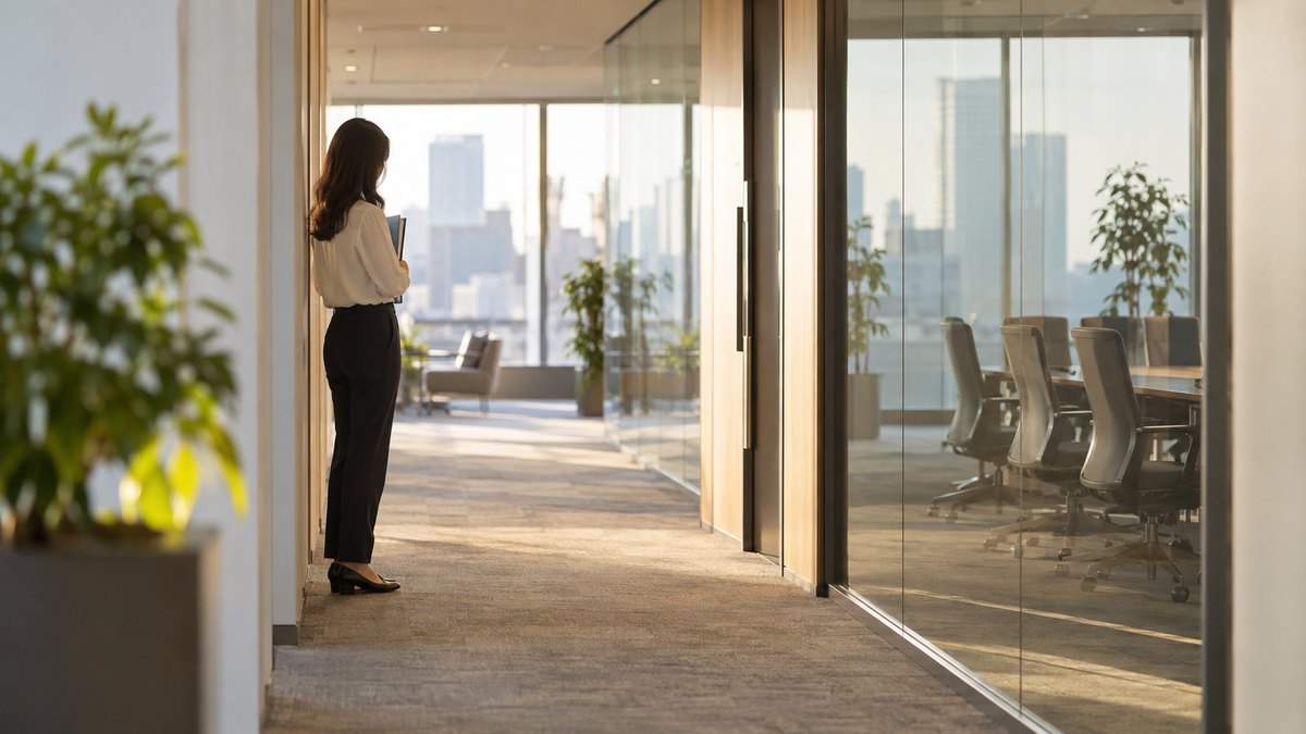 午後、会社の会議室の前の廊下で、30代の女性会社員が壁ぎわに立ち、ファイルを胸に抱えて会議が始まるのを静かに待っている遠景。顔ははっきり写らない。文字は無い