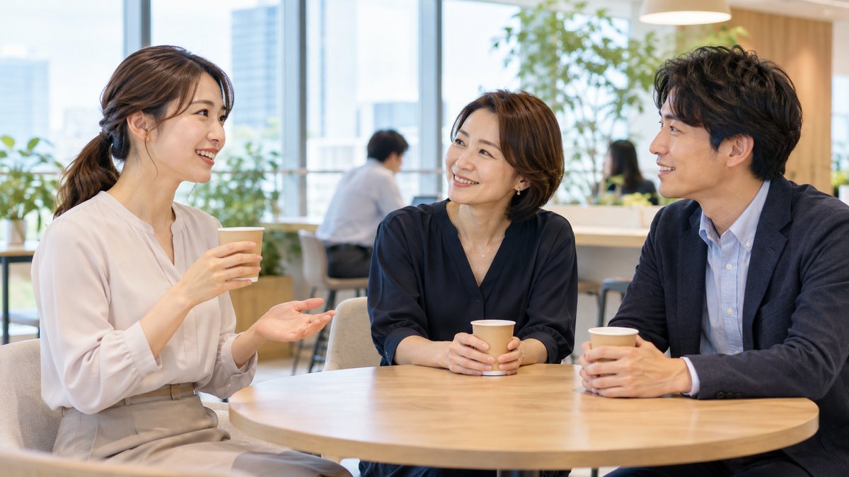 職場の休憩スペースで同僚2人に穏やかに話しかける女性会社員