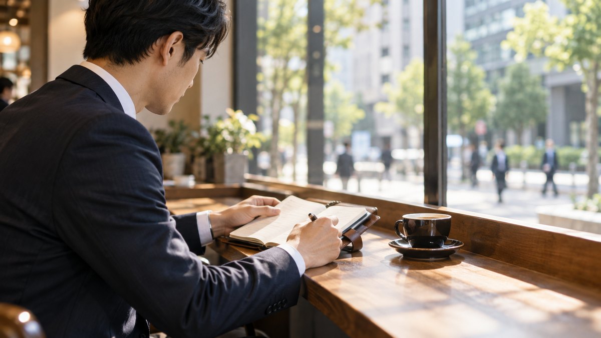 朝、オフィス街の小さなカフェの窓に面したカウンター席で、30代の男性会社員がコーヒーを前に、取引先へ行く前に手帳を見返している横からの近景。顔ははっきり写らない。手帳と店の文字は読めない