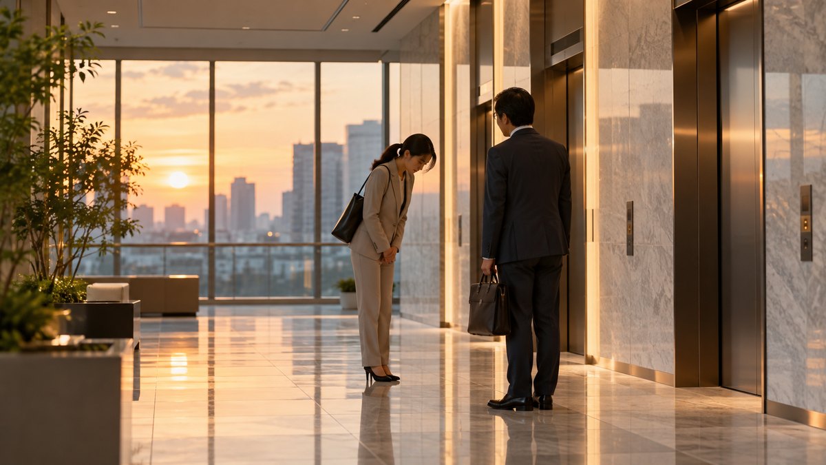 夕方、取引先のビルのエレベーターホールで、30代の女性会社員が見送りに来た40代の男性の担当者に、軽くお辞儀をしてお礼を言っている遠景。顔ははっきり写らない。表示板の文字は見えない