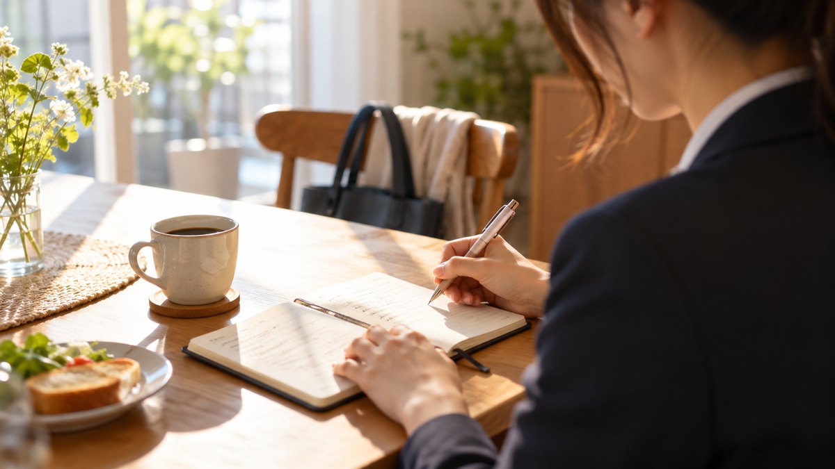 朝、自宅のダイニングテーブルで、出勤前の30代の女性会社員がコーヒーの横に小さな手帳を開き、ペンで職場の場面を書き出している手元と肩の近景。窓から朝の光。顔ははっきり写らない。手帳の文字は読めない