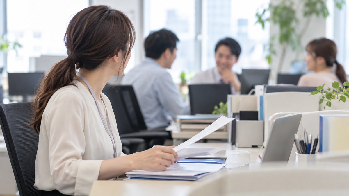 午前、オフィスの島型の席で、30代の女性会社員が自分の机で書類を整えながら、斜め向かいで談笑している同僚たちのほうを少しだけ見ている横からの近景。パソコンの画面は見えない角度。顔ははっきり写らない。文字は無い