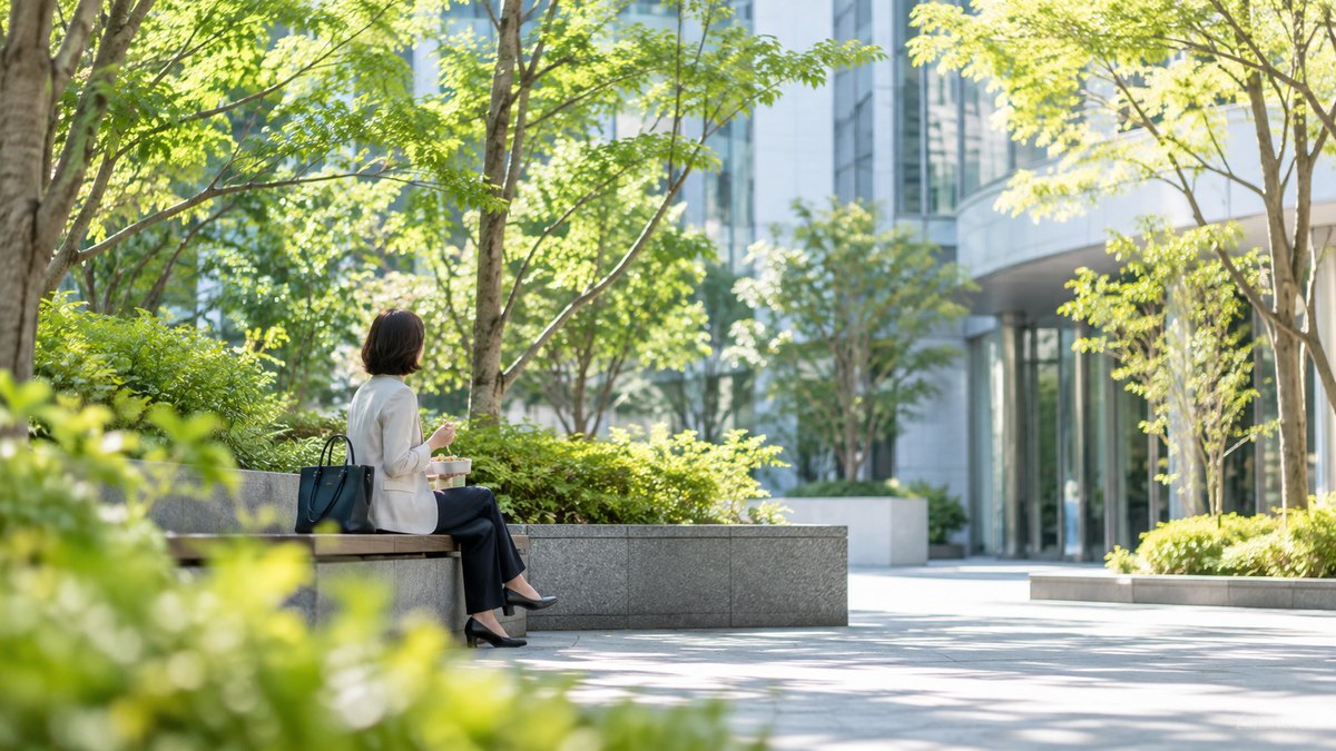 昼、オフィスビルの外の静かな植え込みのベンチで、40代の女性会社員がひとりで弁当を広げ、穏やかな表情で木々を見ている遠景。顔ははっきり写らない。文字は無い