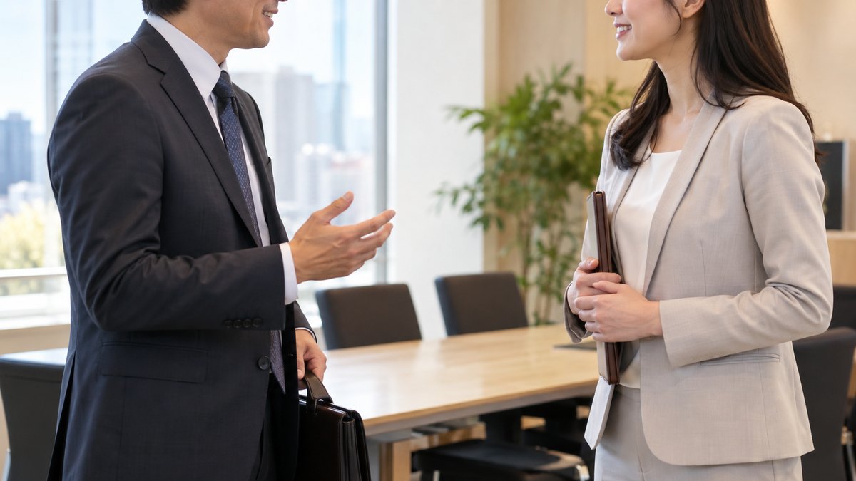 午後、取引先の会社の明るい応接室で、40代の男性の営業担当が席に着く前に、30代の女性の担当者と立ったまま笑顔で短く言葉を交わしている近景。顔ははっきり写らない。壁や資料の文字は見えない
