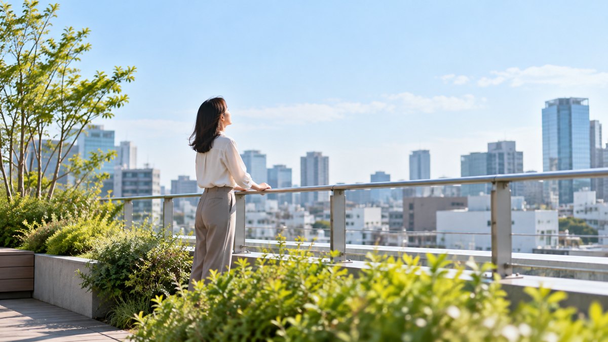 晴れた日の昼休み、会社の屋上の庭で、30代の女性会社員が手すりの近くに立ち、肩の力を抜いてゆっくり息を吐いている横からの遠景。顔ははっきり写らない。文字は無い