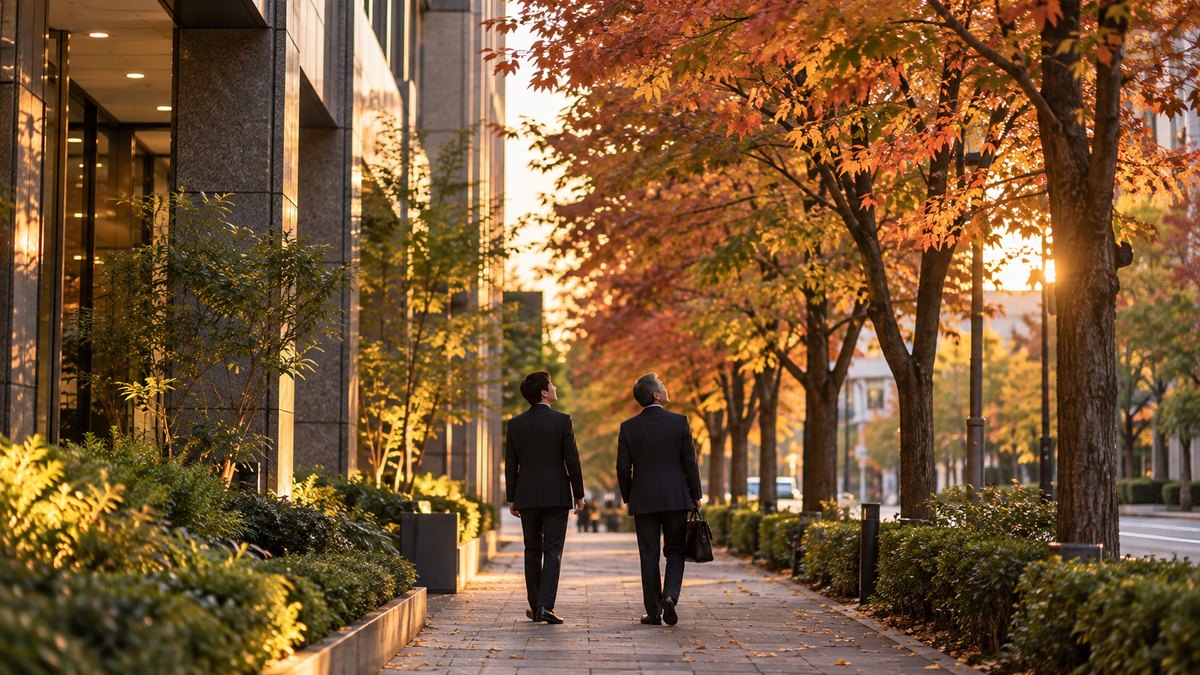 夕方、会社の前の並木道で、30代の男性会社員が同じ職場の50代の男性と並んで歩きながら、色づいた街路樹を見上げて話している遠景。顔ははっきり写らない。看板の文字は見えない