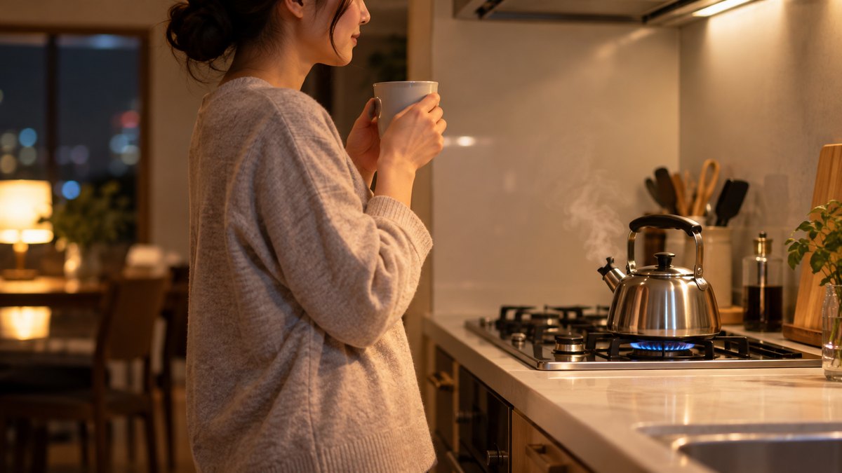夜、自宅のキッチンで、40代の女性が仕事から帰ってお湯を沸かしながら、マグカップを手に穏やかに一息ついている横からの近景。顔ははっきり写らない。文字は無い
