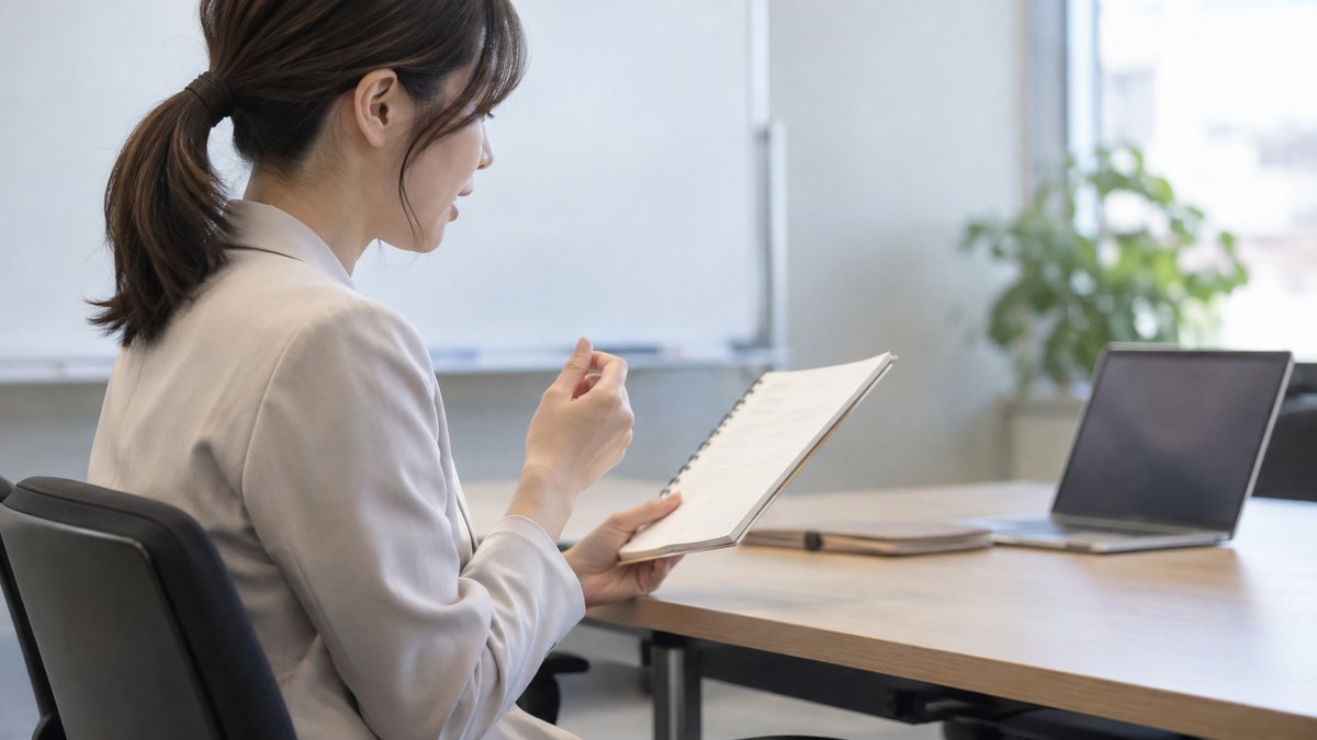午後、会社の小さな研修室で、30代の女性会社員が椅子に座り、手元のメモを見ながら短い一言を声に出して練習している横からの近景。周りに人はいない。顔ははっきり写らない。メモと壁の文字は読めない