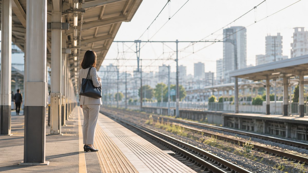 朝、駅のホームで電車を待つ40代の女性会社員が、ビジネスバッグを肩にかけて線路の先を穏やかに見ている遠景。顔ははっきり写らない。駅の案内や看板の文字は見えない
