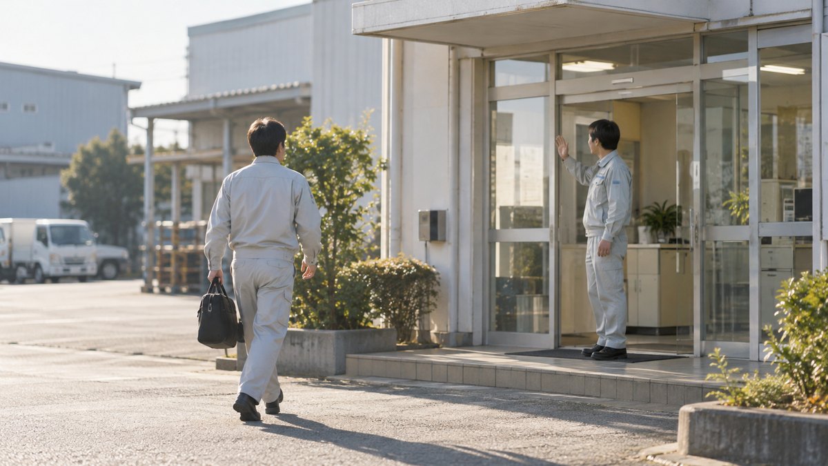 朝、工場の事務所の入り口で、作業着の30代の男性社員が、出勤してきた同僚に片手を軽く上げてあいさつしている遠景。顔ははっきり写らない。掲示物の文字は見えない