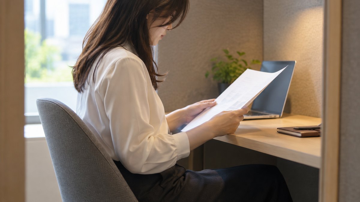 午後、オフィスの静かな集中ブースの一人席で、30代の女性会社員が書類を手に落ち着いて読んでいる横からの近景。周りに人はいない。顔ははっきり写らない。書類の文字は読めない