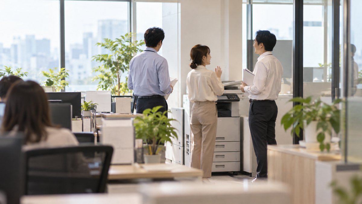 午後、オフィスのコピー機の前で、30代の男性会社員が順番を待ちながら、そばで立ち話をする同僚2人の話に笑顔でうなずいている遠景。顔ははっきり写らない。機械や掲示の文字は見えない