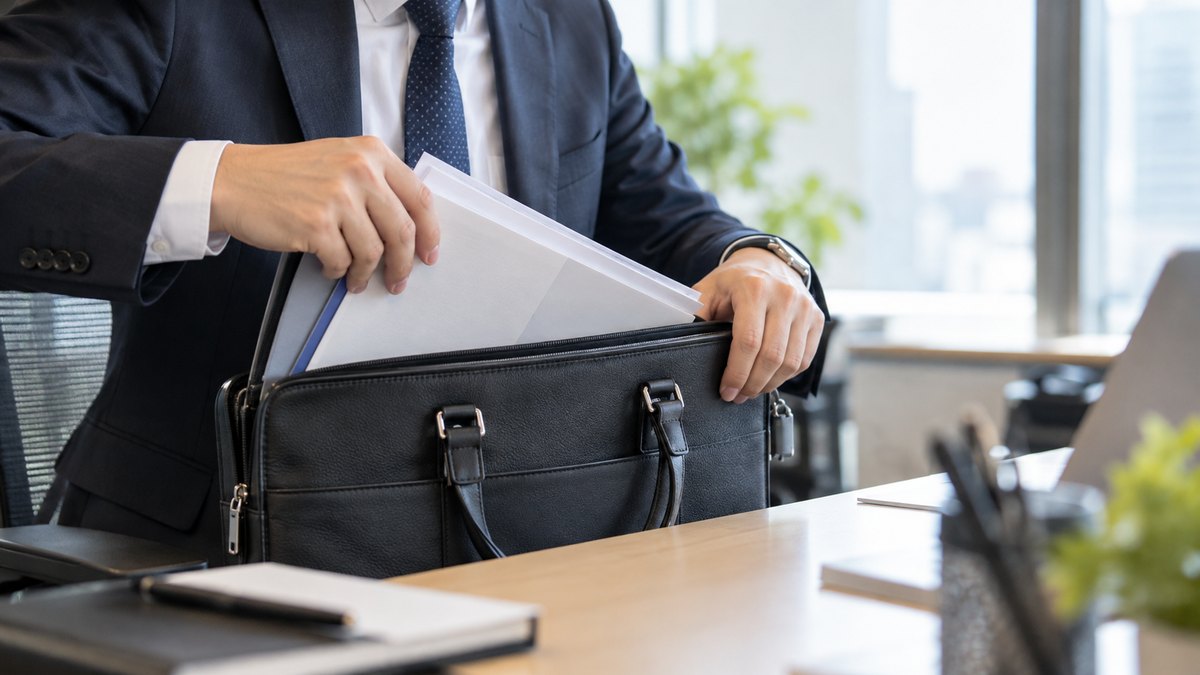 午前、オフィスの自席で、30代の男性会社員が商談に持っていく資料をそろえてビジネスバッグにしまっている手元と肩の近景。顔は写らない。資料の文字は読めない