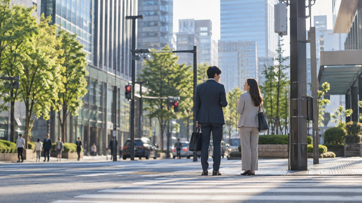 朝、オフィス街の横断歩道で信号を待つ30代の男性会社員と同年代の女性の同僚が、並んで立ちながら軽く言葉を交わしている遠景。顔ははっきり写らない。看板や標識の文字は見えない